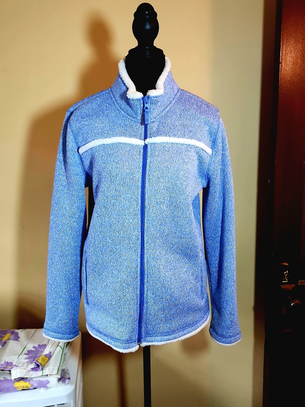 Talbots Light Blue Teddy Fleece Zip Jacket with White Trim